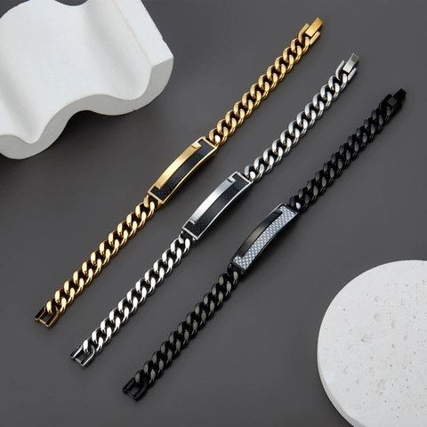 Stainless Steel Cuban Link ID Bracelet For Men Hip Hop Geometric Curved Plate Chain Wristband Fashion Streetwear Jewelry
