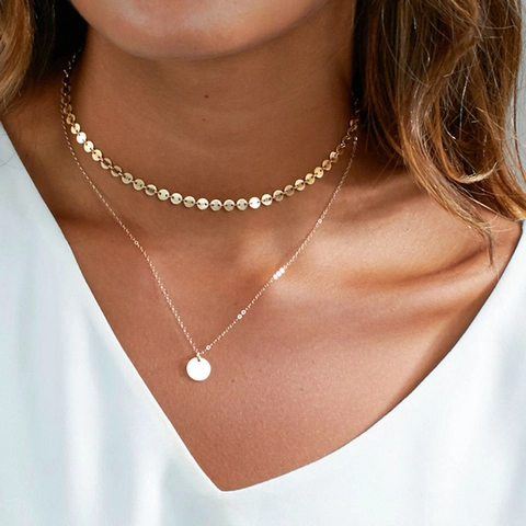 Minimalist Stainless Steel Double Layer Necklace For Women Gold Steel Sequin Chain Solid Round Pendant Choker Fashion Jewelry