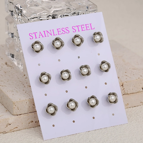 Pendientes de Botón de Rosa de Acero Inoxidable Retro Francés Exquisito Con Perla Artificial Elegantes Pendientes de Oro Plata Joyería de San Valentín Mujer