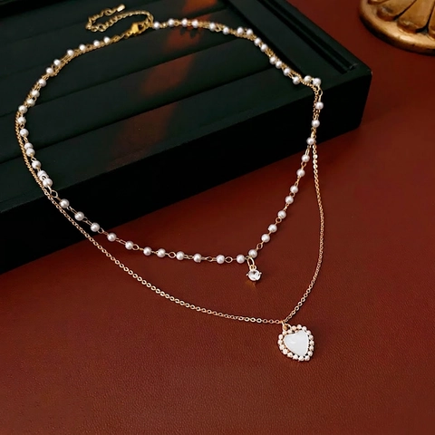Doppellagige Herz Anhänger Halskette Mit Künstliche Perlen Und Zirkon Elegante Kupfer Schlüsselbeinkette Für Damen