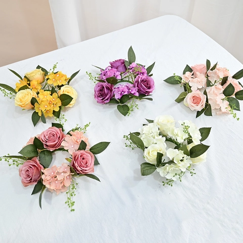 Artificial Rose Hydrangea Flower Wreath Candle Ring Satin Floral Table Centerpiece For Wedding Christmas Home Decor