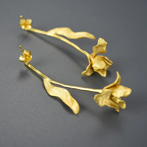 Tulip Dangle Earrings 925 Sterling Silver 18K Gold Plated Handmade Floral Nature Style Jewelry For Women
