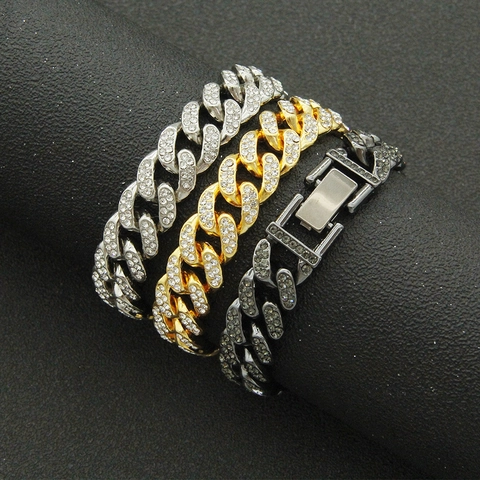 Bracciale a Maglia Cubana Iced Out da Uomo Bracciale Hip Hop in Lega con Strass per Uomo Gioielli Oro Argento Nero Regalo