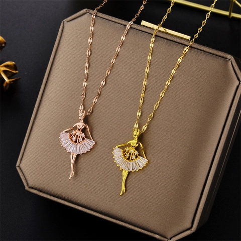 Elegante Edelstahl Ballett Tänzerin Anhänger Halskette Für Damen Roségold Gold Silber Strass Schlüsselbein Kette Schmuck