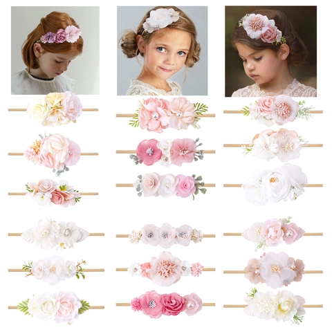 Baby Blumen Stirnbänder Weiches Elastisches Nylonband Stoffrosen Künstliche Perlen Strass Florale Fotografie Requisiten Kleinkinder