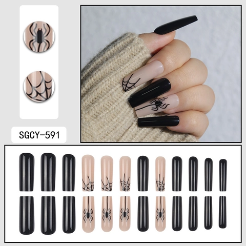 Uñas Postizas Halloween Ataúd Largo Telaraña Negra Brillante Gótico Manicura DIY Para Mujeres Uñas Artificiales