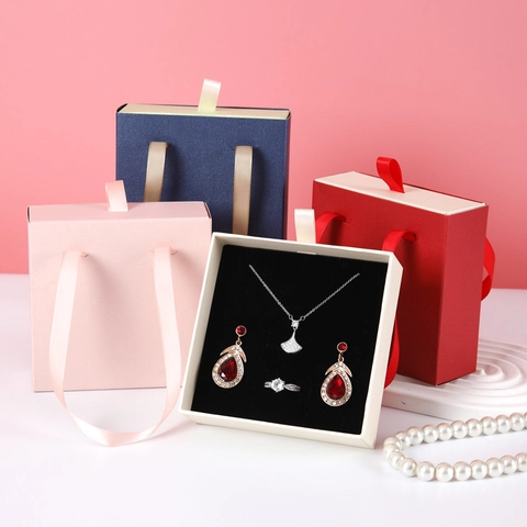 Matte Paper Drawer Jewelry Gift Box With Satin Ribbon Handle For Ring Necklace Earring Packaging Bag Combination Square Case