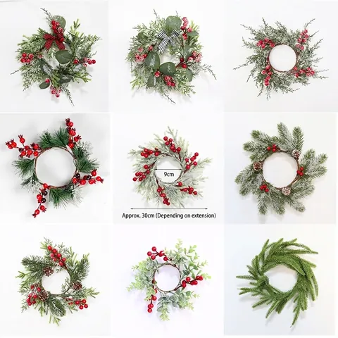 Mini Weihnachts Kranz Kerzenringe Künstliche Kiefernnadel Rote Beeren Schneebedeckte Kiefernzapfen Tischdekoration Festlich