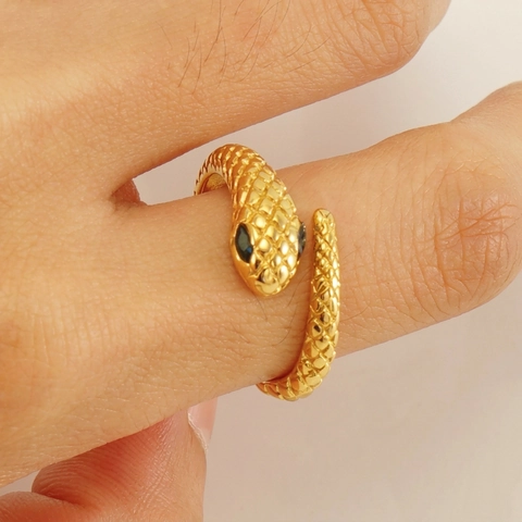 Snake Ring Stainless Steel 18K Gold Plated Zircon Eyes Adjustable Open Wrap Around Vintage Minimalist Jewelry Women