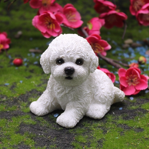 Realistische Bichon Frisé Hundefigur Simulation Harz Welpe Statue Auto Armaturenbrett Büro Haus Schreibtisch Deko Ornament
