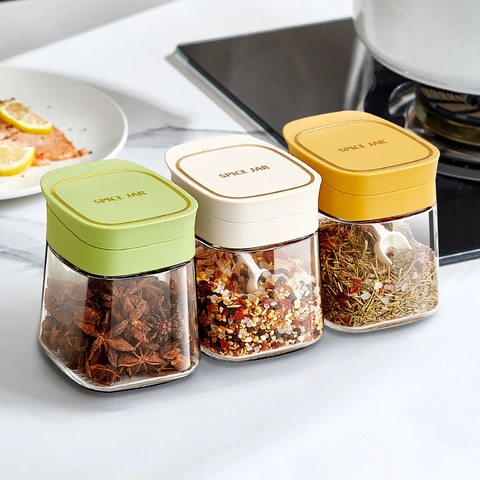 Barattolo Per Spezie In Vetro Con Coperchio In Plastica E Cucchiaio Integrato Barattolo Per Condimenti Resistente All'Umidità Con Manico Per Organizzazione Cucina Moderno Minimalista