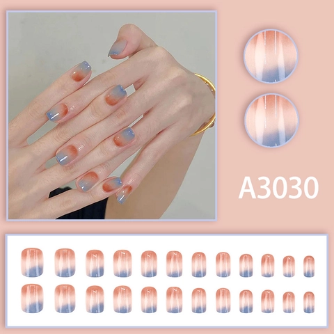 Press On Nails Short Square Round Gradient Morandi Blue Orange Marble Pattern Glossy Artificial Fingernails Women