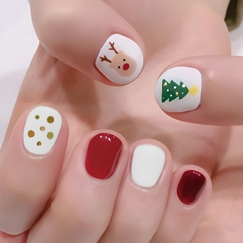 Christmas Press On Nails Reindeer Christmas Tree Pattern Square Fake Nails Women Holiday Party Winter Manicure