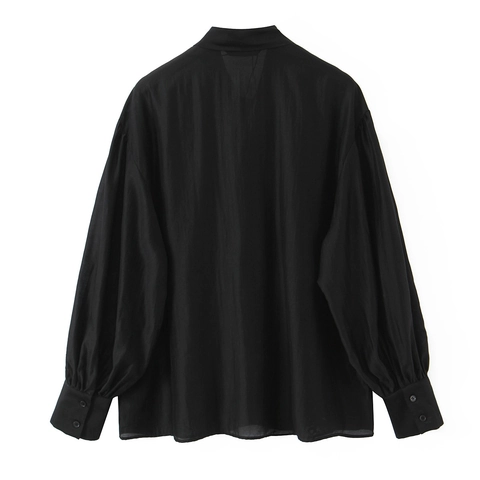 Women Blouse Shirt Polyester Satin Large Bow Tie Neck Long Lantern Sleeves Solid Black Casual Elegant Sweet Top