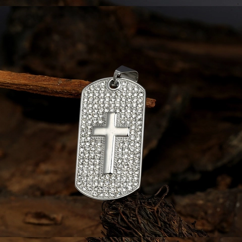 Collana Con Ciondolo A Piastrina Con Croce In Acciaio Inossidabile Con Strass Gioielli Religiosi Hip Hop Per Uomo Donna