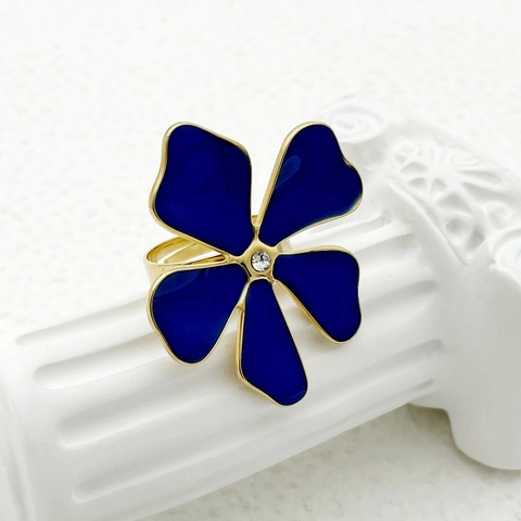 Anello Aperto in Acciaio Inossidabile Vintage con Fiore in Smalto Blu per Donna Lussuoso Orecchini Placcati in Oro Strass Anello Regolabile