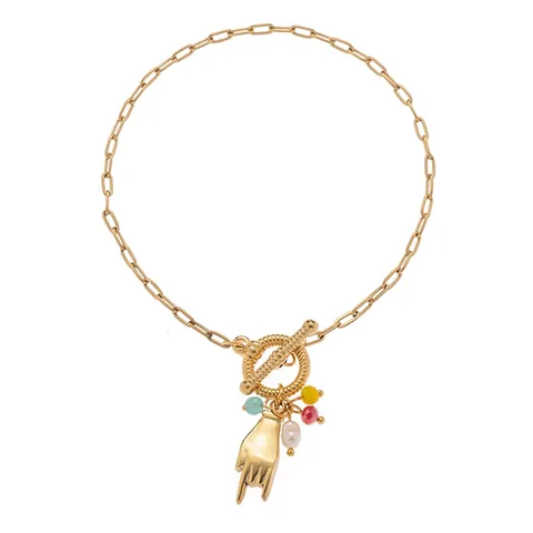Vintage Stainless Steel Bracelet For Women With Toggle Clasp Horn Heart Crown Charm Artificial Pearl And Colorful Beads Fashion Jewelry