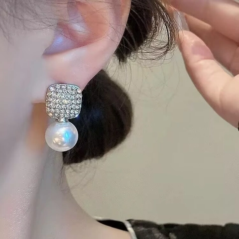 Pendientes De Perlas Artificiales Con Diamantes De Imitación Aleación Cuadrados De Botón Elegante Estilo Francés Joyería Para Mujer