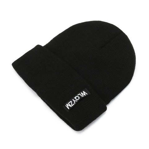 Beanie Hat Acrylic Ribbed Knit Plush Lining Warm Ear Protection Solid Color Cuff Letter Patch Unisex Winter Accessory