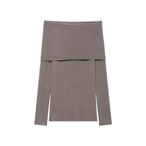 Off Shoulder Knit Top Long Sleeve Ribbed Sweater Fold Over Collar Polyester Acrylic Blend Slim Fit Pullover For Women
