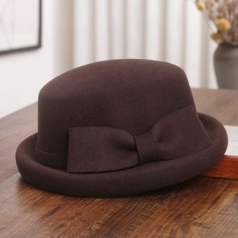 Elegante Wollen Vilten Cloche Hoed Met Strikdecor Vintage Gerolde Rand Winter Herfst Bowler Cap Voor Dames
