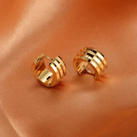 Minimalist 18K Gold Plated 304 Stainless Steel Hoop Earrings With Parallel Grooved Stripes Geometric Fashion For Women
