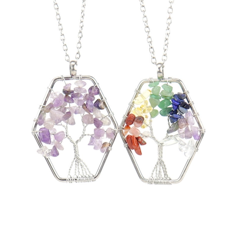 Tree Of Life Pendant Necklace Natural Crystal Crushed Stone Hexagonal Handmade Wire Wrapped Jewelry For Women Spiritual