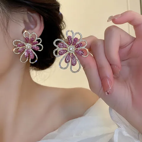 Floral Stud Earrings Alloy Sparkling Rhinestone Oversized Hollow Flower With 925 Sterling Silver Earring Post For Women