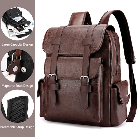 Vintage PU Leather Backpack Large Capacity Laptop Travel School Bag Multi-Pocket Casual Retro Knapsack For Men Women