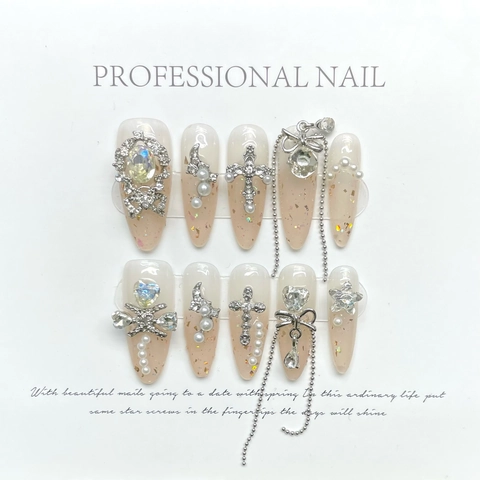Handmade Press On Nails Nude Pink Gradient Almond Shape Rhinestone Metal Chain Cross Bowknot Artificial Pearl Charms Fairy Aesthetic Style