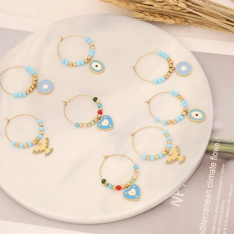 Pendientes De Aro De Acero Inoxidable Con Cuentas De Cristal Coloridas Colgante De Ojo De Mal De Corazón Estrella