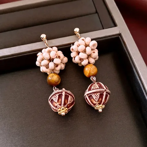 Orecchini Pendenti Etnici Retro Per Donna Con Perline In Legno Resina Occhio Di Tigre E Perno In Argento Sterling 925