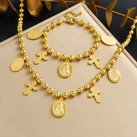 Parure Collier Bracelet Acier Inoxydable Plaqué Or Religieux Médaille Saint Joseph Croix Charmes Chaîne Billes Bijoux
