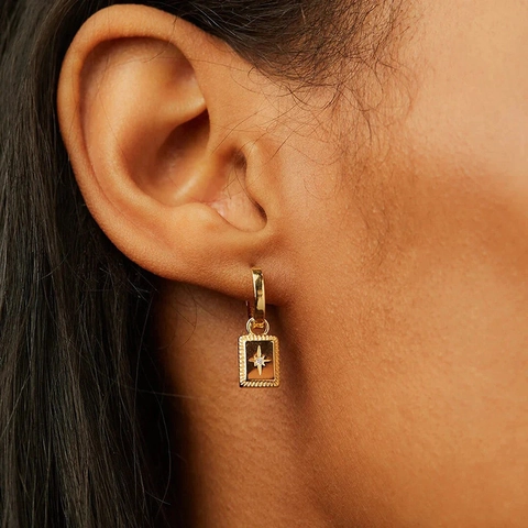 925 Sterling Silver Post Copper Eight-Pointed Star Pendant Hoop Earrings Minimalist Zirconia Starburst Square Drop Earrings For Women