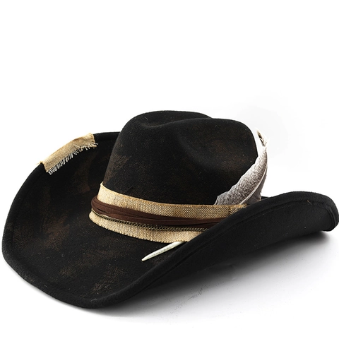 Vintage Western Cowboyhoed Distressed Polyester Vilt Met Veer Schedel Bot Decor Retro Jazz Fedora