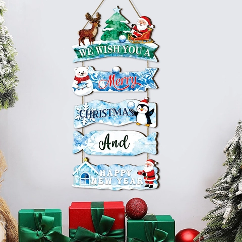 Wooden Christmas Hanging Sign Santa Reindeer Penguin Polar Bear Wall Door Decor Rustic Multi-Layer Holiday Party Ornament