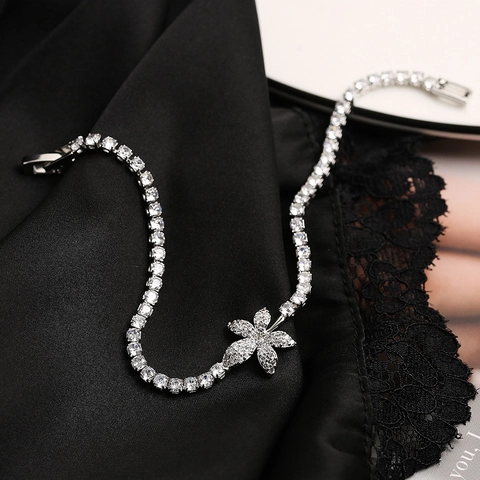 Bracelet Zircon Fleur Feuille Élégant Cuivre Laiton Chaîne Tennis Réglable Bijoux Tendance Pour Femmes Cadeau Anniversaire