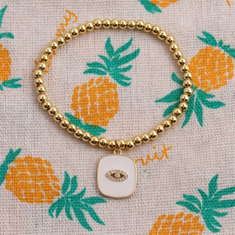 Bracciale Con Ciondolo Malocchio Rame Placcato Oro 18K Perline Elastico Zircone Smalto Boho Gioielli Donna Regalo