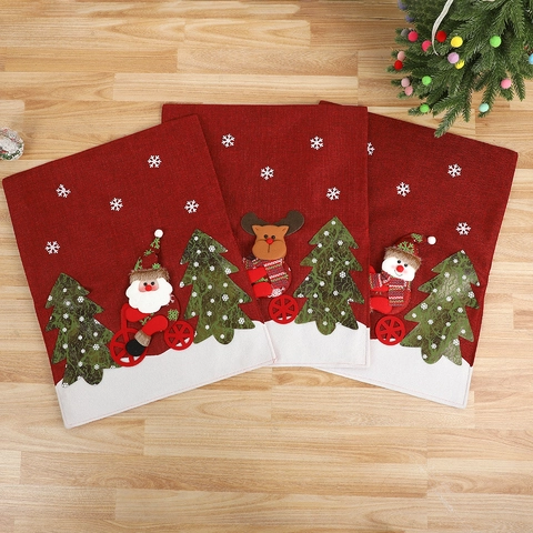 Christmas Chair Back Covers Faux Linen Santa Claus Reindeer Snowman Dining Room Party Home Festive Decoration