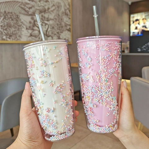 Creative Dual Layer Plastic Straw Cup With Colored Foam Beads Large Capacity Portable Drinking Tumbler For Office Home