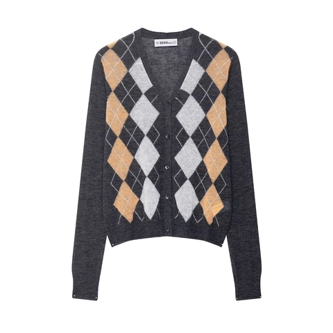 Cardigan In Maglia Di Poliestere Con Motivo A Rombi Scollo A V Manica Lunga Maglione Casual Donna Tops