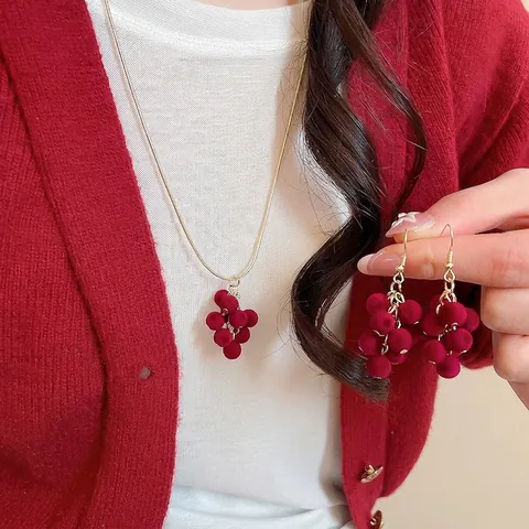 Collana E Orecchini A Grappolo Di Bacche Floccate Rosse Vintage Con Perno In Argento Gioielli Eleganti Placcati Oro Donna