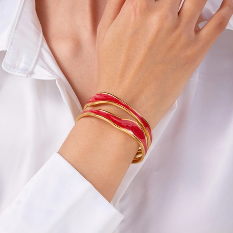 Vintage Irregular Wave Stainless Steel Open Cuff Bracelet For Women Fashion Colorful Enamel Double Layer Adjustable Bangle Jewelry