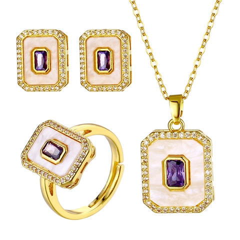 Vintage Stainless Steel Zirconia Jewelry Set 18K Gold Plated Elegant Square Heart Stone Necklace Earrings Ring Women Accessories