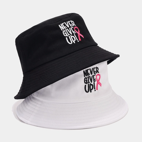 Never Give Up Letter Embroidery Bucket Hat Cotton Pink Ribbon Awareness Sunshade Outdoor Casual Sun Hat