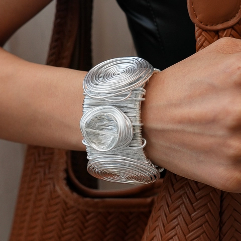 Wide Cuff Bracelet Bohemian Wire Wrapped Iron Resin Spiral Geometric Bangle Jewelry For Women