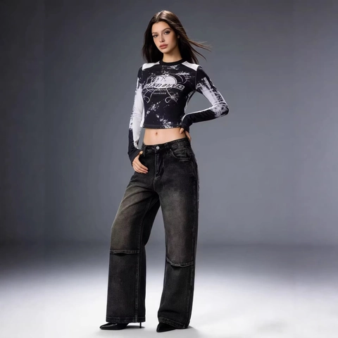 Dames Vintage Distressed Wide Leg Jeans Katoen Denim Washed Retro Vleugel Print Achterzak Casual Streetwear