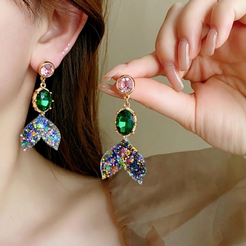 Meerjungfrau Schwanz Ohrhänger Legierung Bunte Straßsteine Mit Silbernem Ohrstecker Vintage Stil Für Damen