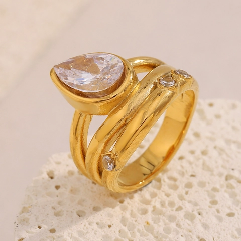 Anillo De Acero Inoxidable Chapado En Oro De 18K Con Circonia Gota De Agua Diseño Envolvente De Capas Joyería