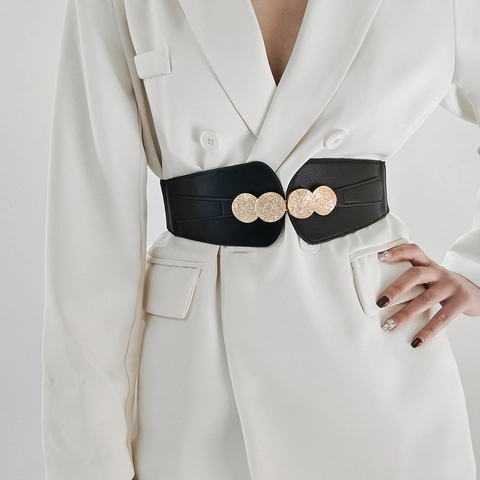 Women Wide Elastic Corset Belt PU Leather Gold Metal Interlocking Buckle Retro Stretch Waistband For Dress Accessory